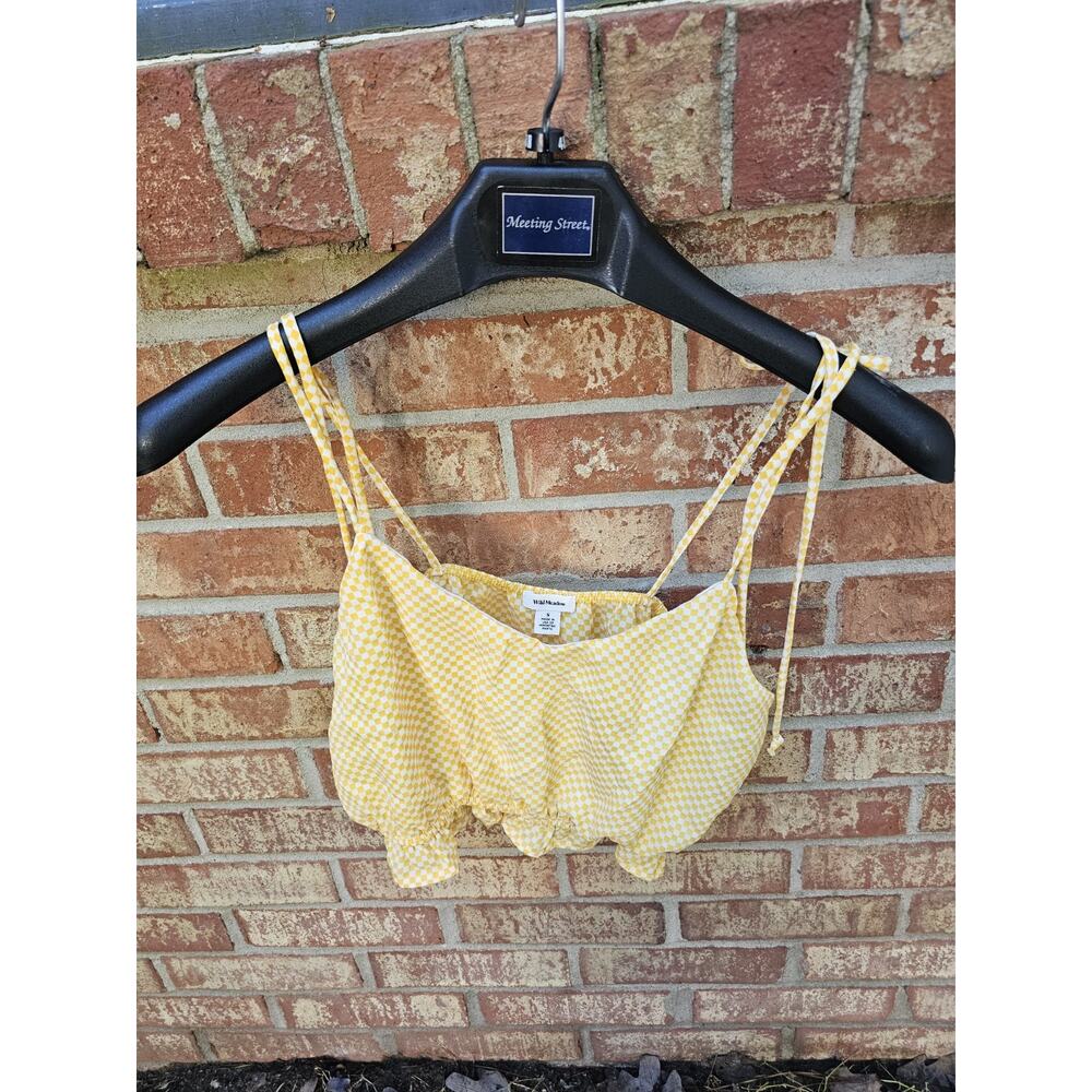 Wild Meadow Yellow Gingham Milkmaid Crop Top Womens Size S Tie Strap Ruffle Hem